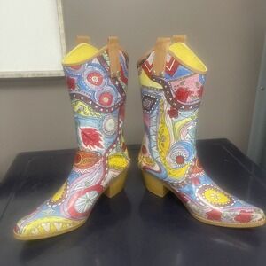 Rain BOPS By Beehive Cowboy Water Rubber Boots Size 8 Funky Roses Pointed Toe